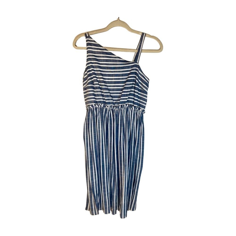 52Seven Women (XS) Shift Dress Blue White Striped Asymmetrical